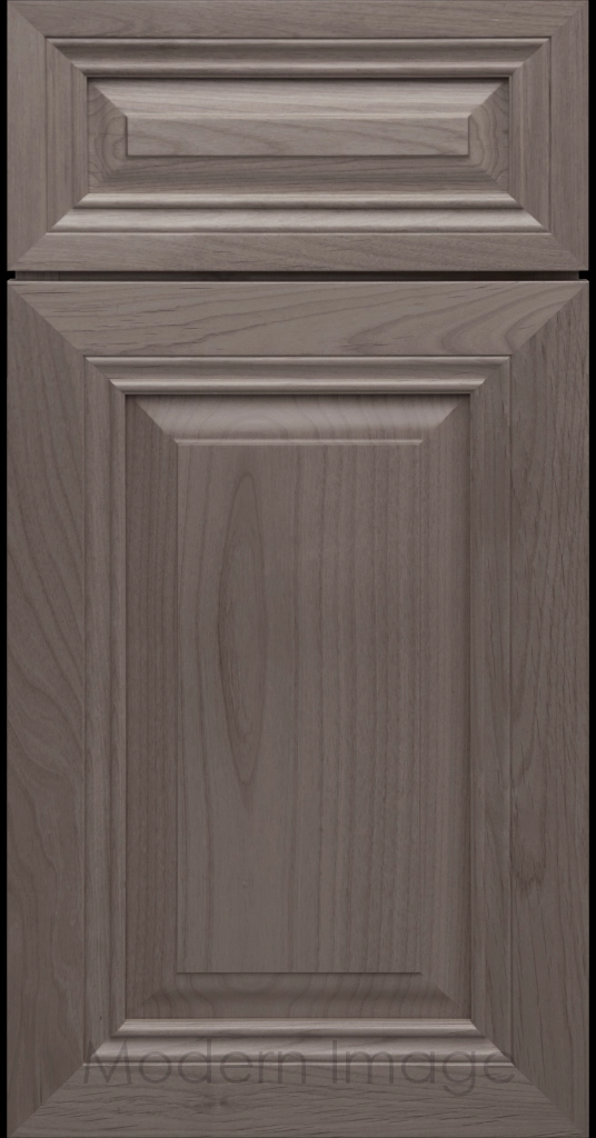 Close-up of a Truffle-stained wood cabinet door with a mitered frame and traditional Cambridge raised center panel.